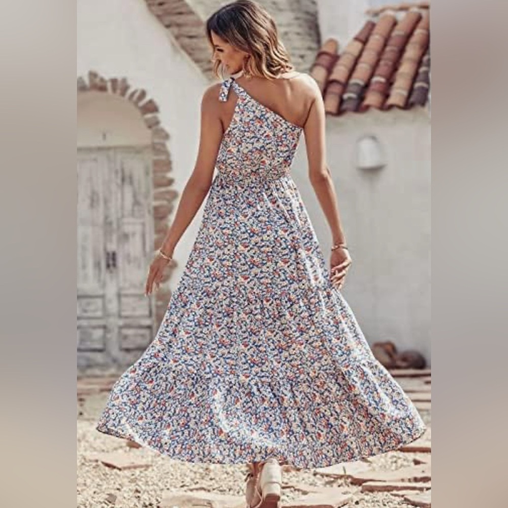 Prettygarden Blue Floral Tiered Knot One Shoulder Maxi Dress - Picture 2 of 10